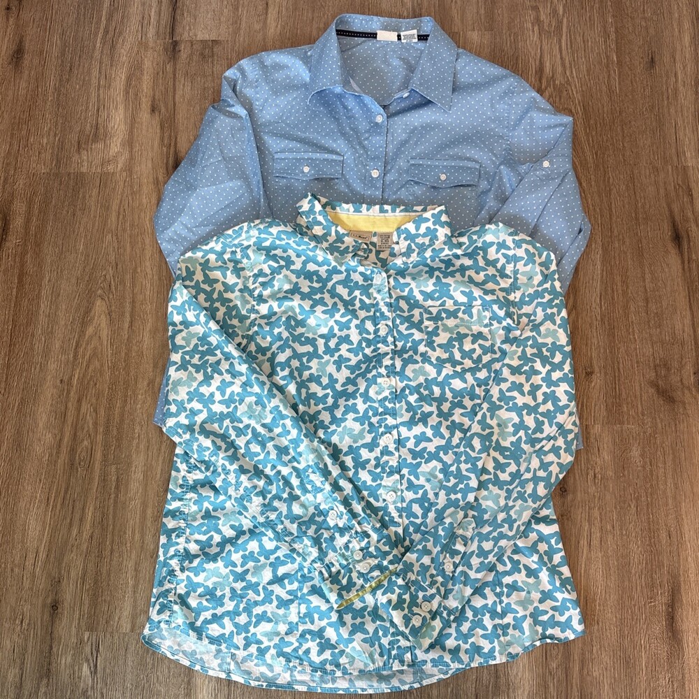 Lot Of 2 Long sleeve Shirts L.L. Bean Women’s Large Button Up Blue Butterfly